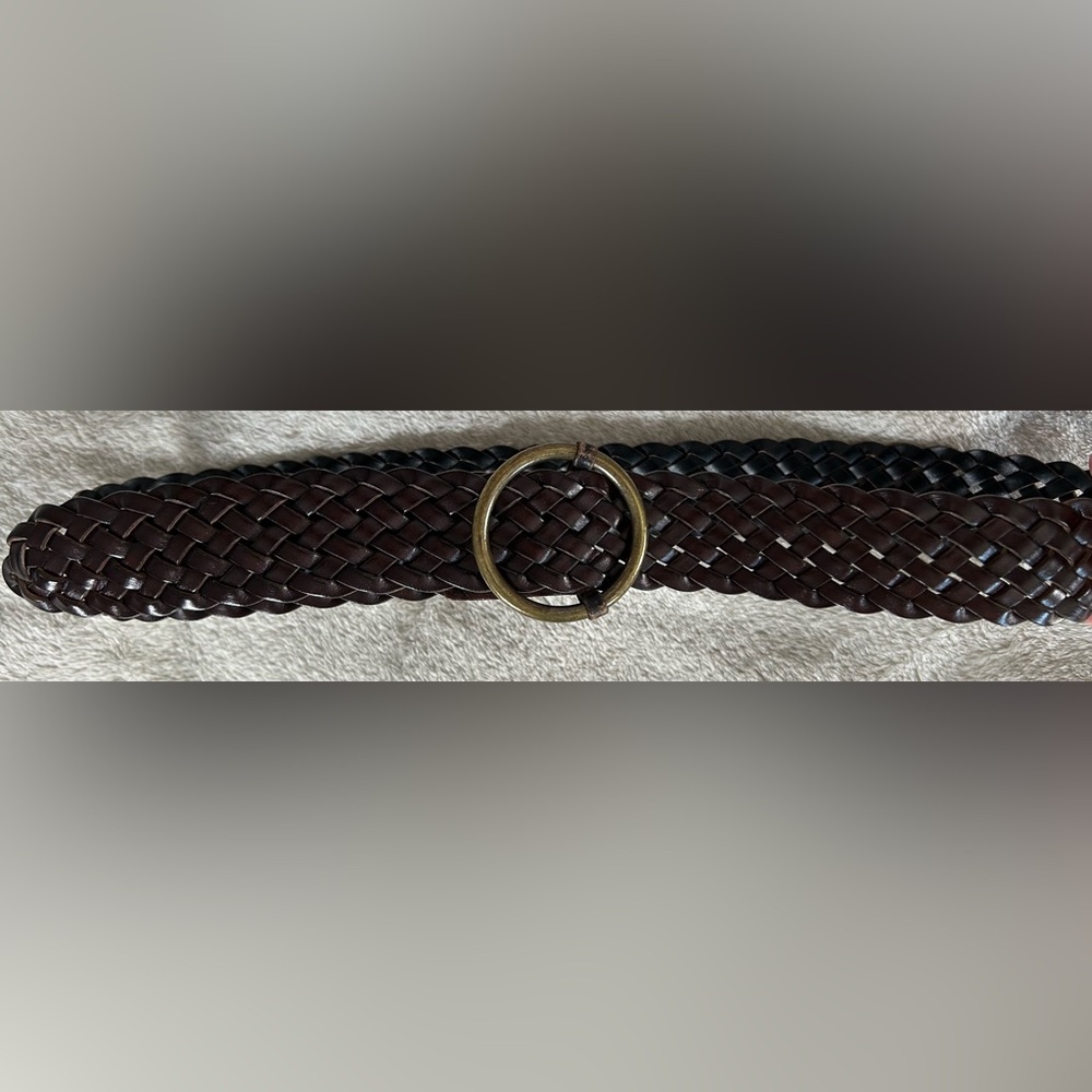 Woven Braided Dark Brown Leather Belt Circular Brass O Ring Buckle